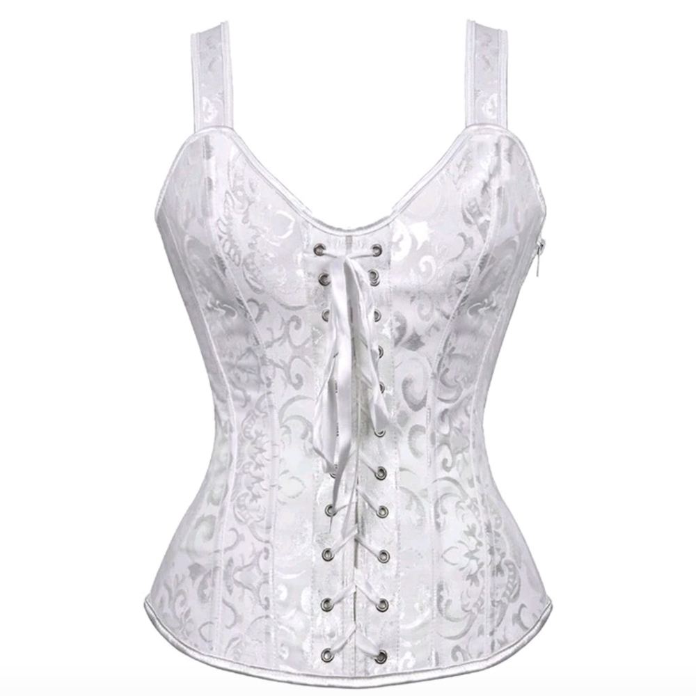 NWT White Satin Victorian Midevil Corset Tank Top Adjustable Straps Side Zip